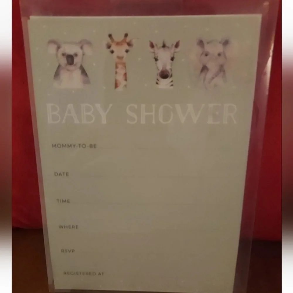 BABY Shower Invitations, Baby Animals 19 Cards & Envelopes Green
